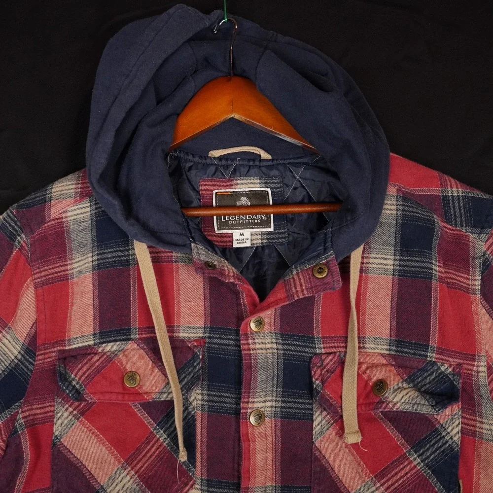 Legendary Whitetails Outfitters Mens M Flannel Hoodie Jacket Snap Red Plaid